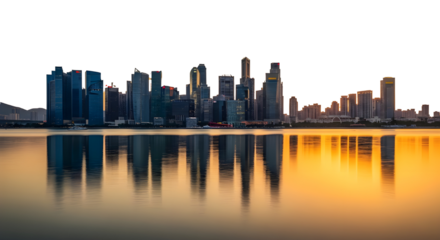 City skyline with modern skyscrapers reflected in water. The scene features a dark background with vibrant colors from the sunset.