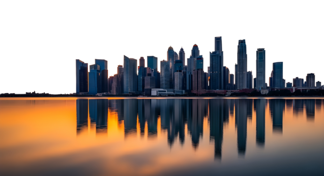 A skyline of modern skyscrapers reflected in calm water during sunset. The buildings are illuminated with warm colors against a dark background.