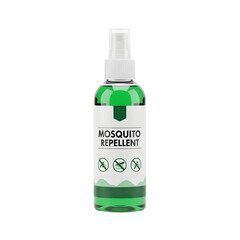 A green bottle of mosquito repellent with a spray nozzle. The label clearly states 'MOSQUITO REPELLENT' with icons indicating protection.