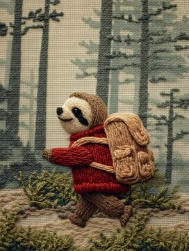 A handmade knitted sloth wearing a red sweater and carrying a backpack, set against an embroidered forest background