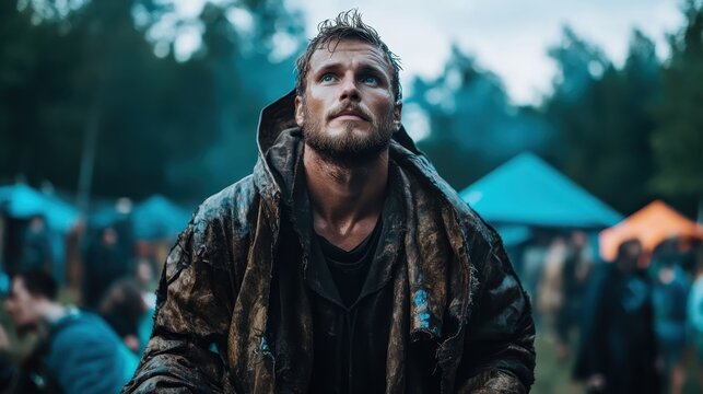 A rugged outdoor scene depicting a man soaking in the atmosphere, reflecting resilience and determination while navigating challenging wilderness conditions.