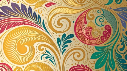 Colorful Ornamental Paisley Pattern with Gold Accents and Floral Swirls
