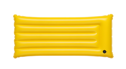 A bright yellow inflatable mattress with horizontal grooves, designed for relaxation in water. It has a small valve for inflation.