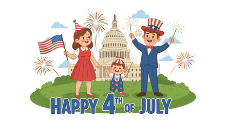 Adobe illustrator artwork vector illustration: A cheerful family celebrates Happy 4th of July with American flags, sparklers, and festive attire in front of the Capitol Building with colorful firework