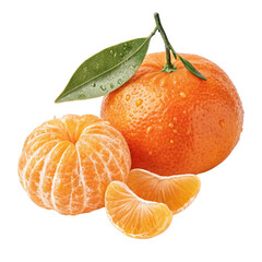 Fresh juicy mandarin oranges with green leaf and segments