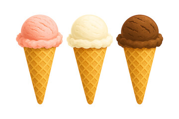 set of ice cream,Three Ice Cream Cone Flavors – Strawberry, Vanilla, and Chocolate Vector Dessert Trio