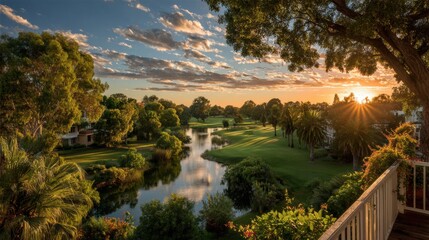 Golden sunlight casts a warm glow over the tranquil golf course, highlighting the vibrant greenery and a peaceful pond. The clouds add depth to the colorful sunset.