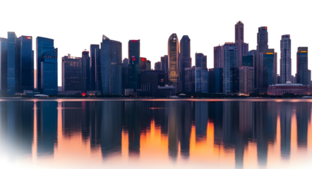 A city skyline at dusk with tall buildings reflecting in the water. The scene features a transparent background, highlighting the vibrant colors of the sunset.