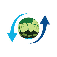 Green Planet Earth Recycling Arrow Sign. Cartoon clipart illustration Sustainability environment and ESG concept.