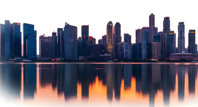 A city skyline at dusk with tall buildings reflecting in the water. The scene features a transparent background, highlighting the vibrant colors of the sunset.