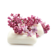 Soap bars and lilac flowers isolated white