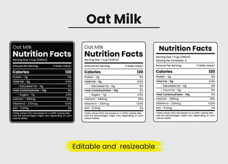 Obraz premium oat milk nutrition facts, oat milk nutrition information, nutritional value of oat milk, nutrition facts, nutrition facts label, supplement facts, supplement label vector