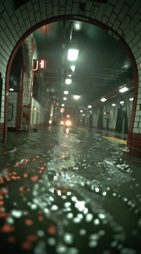 A dimly lit underground subway station is heavily flooded, with water covering the floor and reflecting lights from the ceiling above