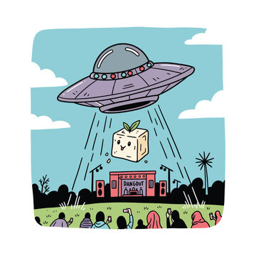 Happy Tofu Cube Abducted by a Retro UFO Over a Dangdut Concert.