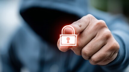 Hooded figure pressing digital lock icon with finger in cybersecurity concept