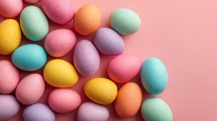 Obraz premium Vibrant decorative eggs in various pastel shades are scattered across a soft pink surface, creating a cheerful and festive atmosphere suitable for springtime celebrations.