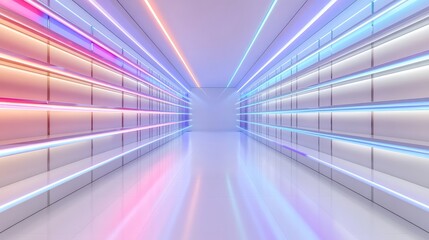 Obraz premium Futuristic neon-lit hallway with symmetrical colorful lights and reflective surfaces