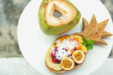 Different fresh fruits on white table, flat lay