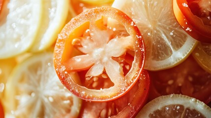 A visually appealing composition of sliced tomatoes and lemons showcases their vibrant colors and freshness, highlighting culinary creativity and the beauty of food preparation.