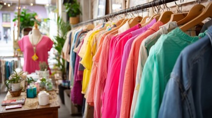 Obraz premium Colorful clothing display in a boutique showcasing vibrant summer fashion near a sunny street