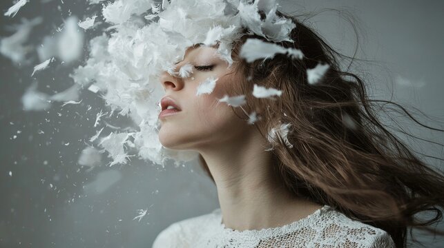 Woman with exploding white powder around head for creative surreal fashion concept and beauty portrait shot