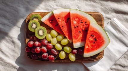 A wooden cutting board with a variety of fruits including watermelon, kiwi