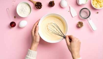 Top Down View Hands Whisking Thick Cake Batter in White Ceramic Bowl Baking Process