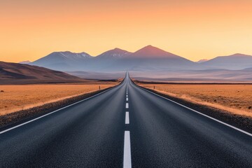 Fototapeta premium Empty road stretching into a mountain range at sunrise