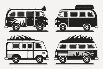 Set of four stylized vintage camper van silhouettes with flames