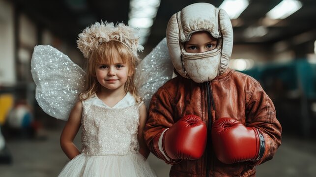 Two kids dressed as an angel and a boxer stand together, showcasing contrasting styles that highlight creativity and playfulness in a unique costume setting with charm.