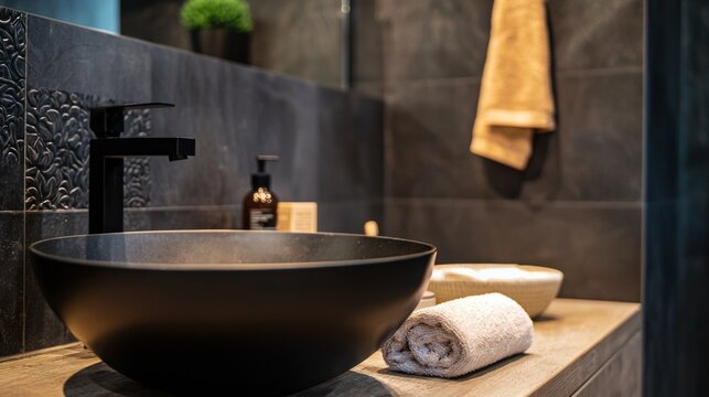 Modern dark bathroom interior with black sink and towels in luxury spa style minimalist design concept