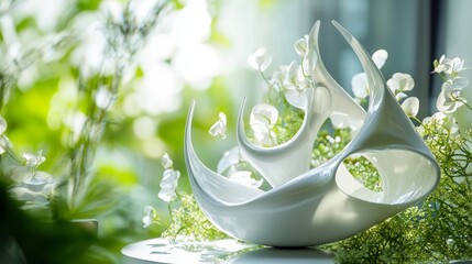 Futuristic white abstract mask resting in flowers under soft natural light in garden design concept