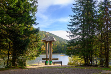 Mountain lake Synevir, Ukraine. View of Synevir high-altitude lake by autumn day. The leaf fall...