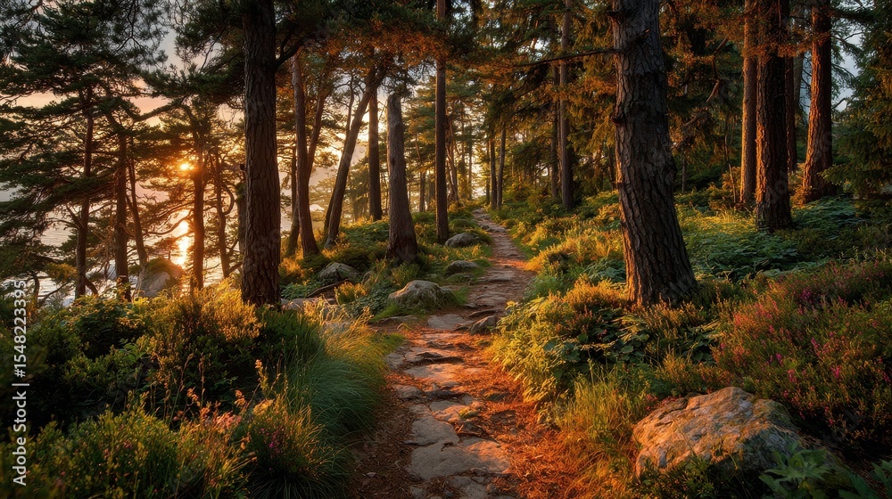 Aufkleber Sun sets along stone path in forest with tall trees and green grass at golden hour in summertime in Northern Europe