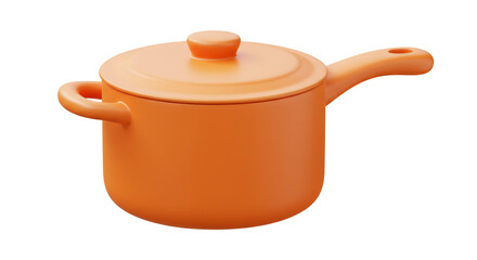 An orange cooking pot with a lid and a handle is displayed against a white background in a studio shot