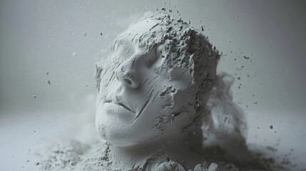 Sculpture of female face covered in white powder for abstract expression of beauty and stillness concept