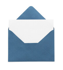 Blank invitation card and envelope isolated on white, top view. Space for design