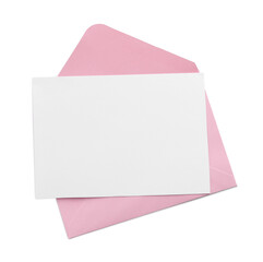 Blank invitation card and envelope isolated on white, top view. Space for design