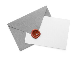 Blank invitation card and envelope isolated on white, top view. Space for design