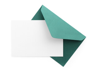 Blank invitation card and envelope isolated on white, top view. Space for design