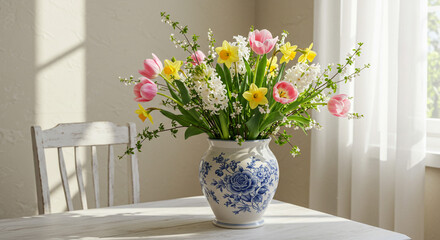 A bouquet of tulips daffodils and hyacinths in a blue and white vase on a white table near a white chair