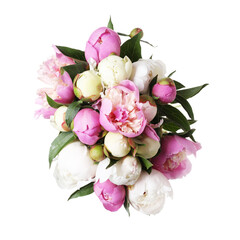 Bouquet of beautiful peony flowers isolated on white, top view