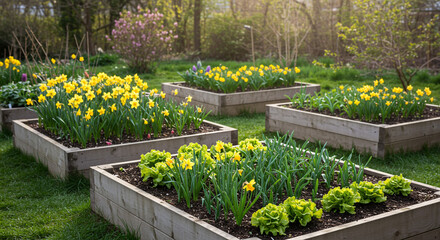 Raised garden beds with yellow daffodils and lettuce in a backyard garden on a sunny day outdoors