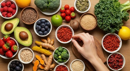 A hand selects goji berries from a bowl amidst an array of vibrant, healthy fruits, vegetables, and seeds.