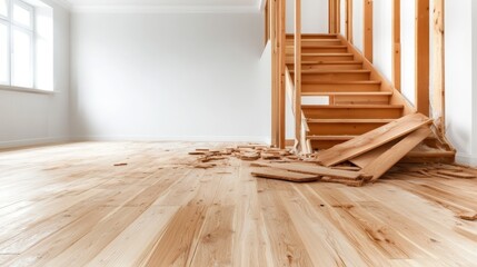 This image showcases a spacious interior with a damaged wooden floor, featuring a partially constructed wooden staircase and bright natural light illuminating the area.