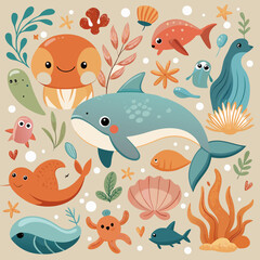 Cute Cartoon Underwater Creatures and Flora