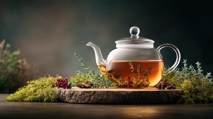 A glass teapot filled with aromatic herbal tea sits amidst fresh herbs and natural decor, showcasing the beauty and tranquility of a relaxing tea-drinking experience.