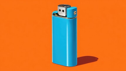 Bright blue disposable lighter isolated against soft orange backdrop