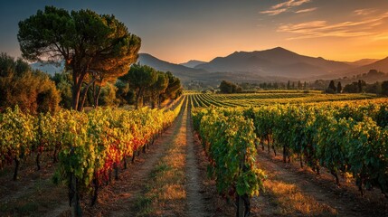 Naklejka premium Golden sunlight bathes vibrant grapevines in a picturesque vineyard, highlighting the serene landscape as distant mountains silhouette against the evening sky.