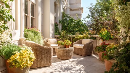 Naklejka premium Serene Balcony Garden With Cozy Seating For Zoom Background